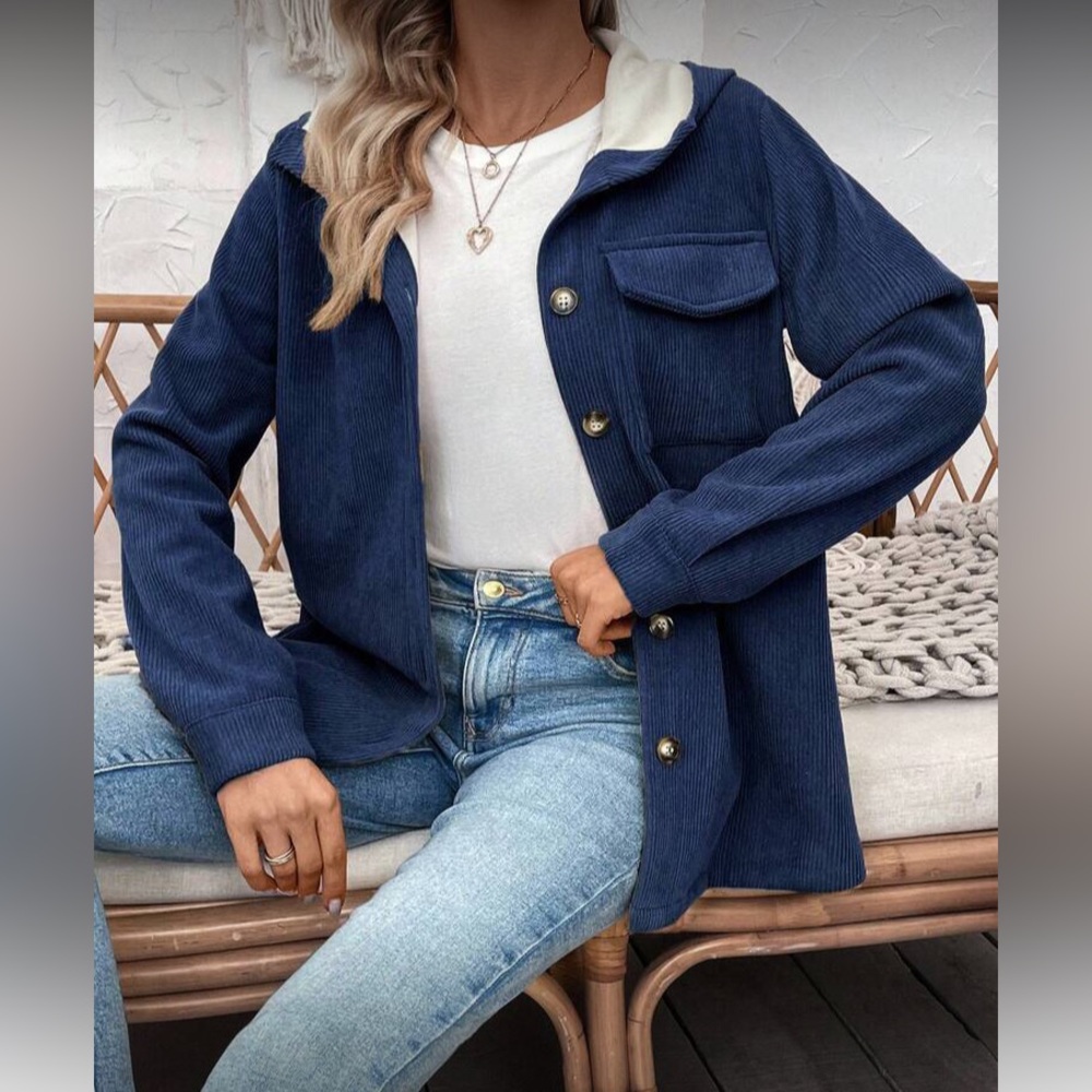 Navy Bkue Corduroy Teddy Lined Women's Jacket - Picture 4 of 7